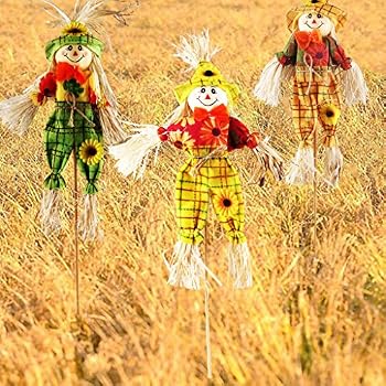 4 Épouvantails Halloween Récolte - Décor D'Automne, Thanksgiving, Jardin - 34cm Avec Bâton Bambou