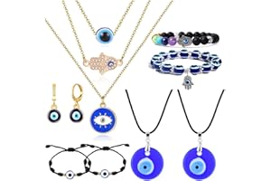 TOEECY Set Collana Evil Eye Occhio Turco per Uomo Donna Malocchio Bracciale con Perline Orecchini Anelli Set di Gioielli Turchi per Protezione