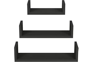 SRIWATANA Floating Shelves Wall Mounted Set of 3, Solid Wood Wall Shelves for Bedroom, Living Room, Bathroom, Kitchen, Office and more,Black
