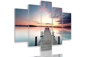 FEEBY FRAMES Feeby Impression Sur Toile Quai Coucher de soleil 5 Pièces 200x100 cm Type A Tableaux Tableau Mural Image Moderne Photo Décoration Murale Artistique Photographie Design Chambre Salon Cuisine Lac Bleu