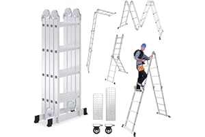 Cecaylie Escalera multiusos de aluminio de 4 x 4 cm, 470 cm, con 2 plataformas y 2 ruedas, escalera de trabajo doméstica, 16 peldaños, capacidad de carga máxima: 150 kg