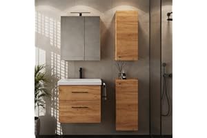 Planetmöbel Badmöbel Set Waschtisch mit Unterschrank 63 x 60 x 36,5 cm, Spiegelschrank 60 cm mit LED-Leuchte (schwarz matt) & Steckdose, inkl. 2X Midischrank, Moderne Badezimmer Möbel, Gold Eiche