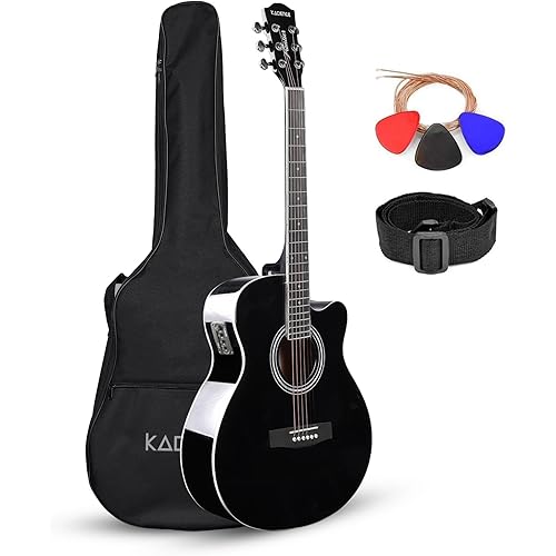 Kadence rosewood Guitar Frontier Series, Electric Acoustic Black Guitar With EQ, Die Cast Keys, Set Of Strings, Strap, Picks And Bag (Black EQ, Electric Acoustic)
