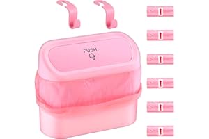 AXNSATRE Car Bin, Car Trash Can with Lid, Multifunctional Mini Trash Bin for car, with 90 Pcs Trash Bags & 2 Car Hooks, Push-on Design Car Bins, Cute Car Accessories, Car Rubbish Bin for Car Tidy (Pink)