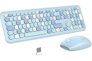 PINKCAT Tastatur Maus Set kabellos farbig, 2.4G Bunte Funktastatur mit Maus Retro Tastatur Cute Wireless Keyboard Silent Mouse für Computer/Desktop/PC/Laptop Geschenke - Blau