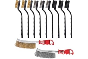 AFUNTA - Juego de 11 cepillos (acero inoxidable, latón y nailon), 17,8 cm y cepillo con forma de cuchillo, mango curvado de dos tamaños diferentes para limpiar la escoria de soldadura y el óxido