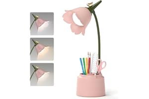 COLEXY Lampe de Table D'étude Rechargeable Protection des Yeux, Tactile Lampe de Bureau à LED Portable avec Porte-stylo pour Enfants, Lampe de Chevet LED, Lampe de Lecture Dimmable,3 Modes de Couleur (Rose)
