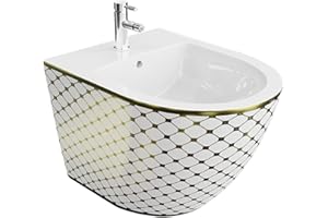 LAVITA Bidet universale da parete Sofi Checked Gold con foro per rubinetto e protezione per troppopieno in ceramica, per il montaggio a parete, igienico e facile da pulire, 36,5 x 49 x 32,5 cm