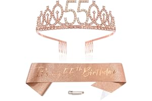 XIHUIMAY Or rose 55e anniversaire couronne et écharpe fille 55e anniversaire décoration strass anniversaire diadème princesse couronne reine tiare d'anniversaire filles 55 ans décoration fête vêtements