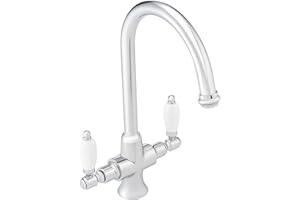 ENKI, Dorchester, KT041, Chrome Polished Brass Dual Flow Kitchen Sink Mixer Tap for Basin, with Twin White Levers Swivel Spout Perfect for Double Bowl Sinks, Easy Safe to use Drip Free Ceramic Valve