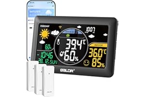 BALDR WLAN-Wetterstation mit App, 7,5-Zoll-Farbdisplay, 3 drahtlose Sensoren, kabellose Wetterstation für drinnen und draußen mit Echtzeit-Internetvorhersage