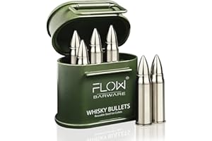 FLOW Barware XL Whisky Bullets Whiskey-Steine, Edelstahl-Eiswürfel, Whiskey-Patronen mit Revolver-Munitionshalter, Coole Whiskey Geschenke, Silber und Grün