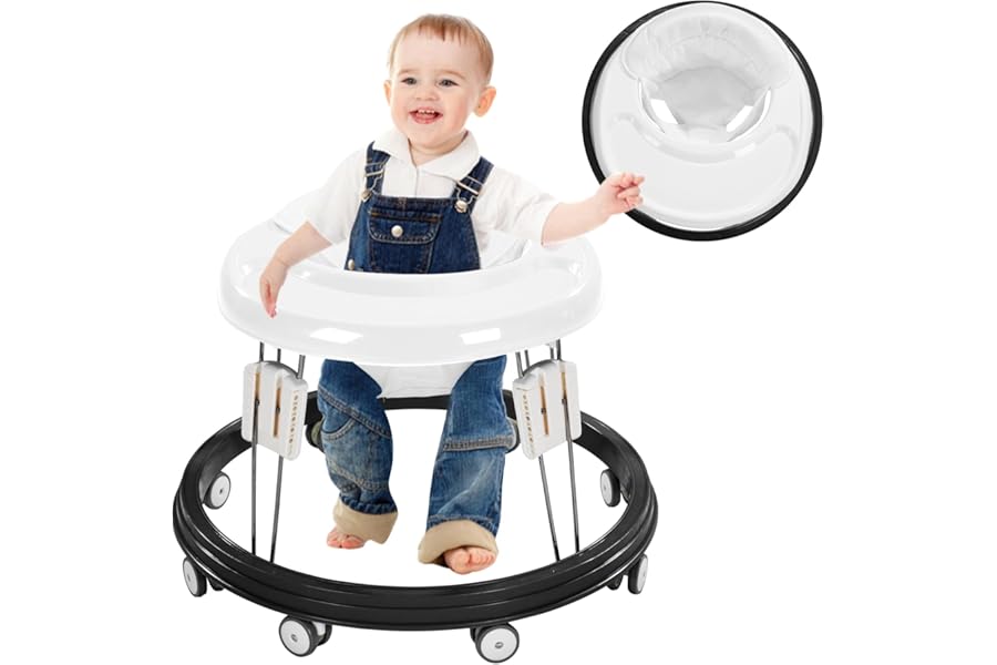 Baby Walker, Foldable Multi-Function Anti-Rollover, 5 Level Height Adjustable, Baby Walkers for 6-15months Suitable for All Terrains (White)