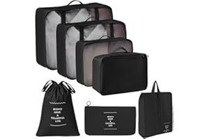 RUNUP Packing Cubes for Suitcases, 7 pcs Waterproof Travel Storage Bags for Luggage, Multifunctional Organizers for Clothes, Shoes, And Toiletries (Black)