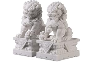 SIUNWDIY Foo Dogs Statues Pair Marble Feng Shui Guardian Lion Statues Home Outdoor Asian Decor for entrance,Best Housewarming Congratulatory Decor to Ward Off Evil Energy,White,10CM