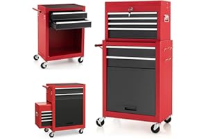 GiantexUK 2-in-1 Tool Cabinet on Wheels, Rolling Lockable Metal Tool Chest Storage Box with Detachable Top Cabinet, 6 Drawers & Hooks, Heavy-duty Toolbox Trolley for Garage Workshop (Black + Red)
