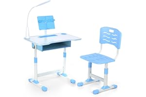 Oyajia Kids Desk and Chair Set, Adjustable Height Study Table Set, Children's Table & Chair Sets with lamp, Drawer, Book Stand, Pen Slot - Blue.