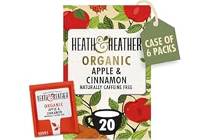 Heath & Heather Organic Apple and Cinnamon Teabags | Individually Wrapped Caffeine-Free Herbal Tea Infusions | 6 Packs of 20, Total 120 Tea Bags.