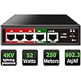 STEAMEMO 5 Port AI PoE Switch (4 POE Ports +1 Uplink), 802.3af/at PoE 100Mbps, 52W Built-in Power, Extend to 250Meter, Unmanaged Metal Plug and Play