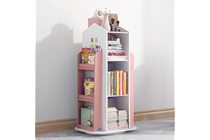 BTGGG 3 Tier Rotating Bookshelf Children's Bookcase Bookshelves with Storage Space, Castle 360° Kids Bookshelf and Shelving Units Free Standing Revolving Bookcase for Living Room Study Playroom, Pink