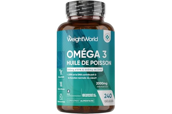 Oméga 3 Huile de Poisson Gélules 2000mg, 240 Gélules pour 4 Mois, avec EPA 660mg & DHA 440mg, Fish Oil Omega 3 sans Odeur, Selon l'EFSA, l'EPA et le DHA Contribuent au Fonctionnement Normal du Cœur