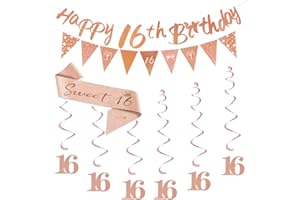 TSILIN Happy 16th Birthday Decorations Kit For Girls,Rose Gold Happy 16th Birthday Banner bunting,Triangle Flag Sash Hanging Swirls Streamers,For Women Birthday Party Supplies (16th)