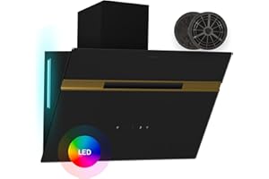 Klarstein Alina Wall Cooker Hood - 60cm Wall-Mounted Kitchen Extractor, 600 m³/h Air Flow, Touch Control, A Energy Efficiency, 9-Colour LED Lighting, Quiet 52 dB, Black-Gold