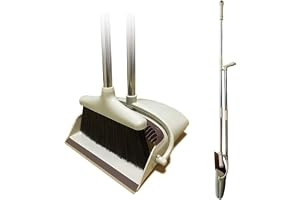 Broom and Dustpan Set Lightweight Upright Lobby Broom and Dust Pan Combo with Long Handle Outdoor Indoor for Home Kitchen Room Office (Brown)