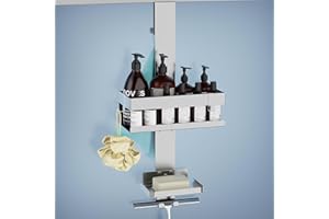 UUlioyer Półka Prysznicowa bez Wiercenia ze Stali Nierdzewnej SUS304, Półka Pod Prysznic do Zawieszenia z uchwytem na mydło, Organizer Zawieszony na Bezramowym Ekranie Prysznicowym, Srebrny