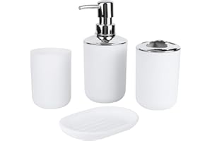 JWTHEE 4pcs Bathroom Accessories Set, Plastic Toothbrush Holder Toothbrush Cup Soap Dispenser Bottle Soap Dish Modern Bathroom Accessory Set Lotion Bottle Storage Cup Rinse Cup Soap Dish (White)