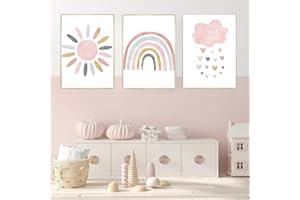 JEYORZY Juego de 3 pósteres para habitación infantil，decoración de pared，Laminas Decorativas，arcoiris, sol, nubes Cuadros de Niña para Habitación Infantil，A4(sin Marco)