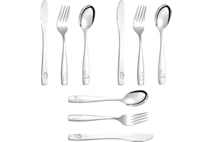 Samamoca 9PCS Couvert Enfant Inox,3 x Fourchette,3 x Cuillère,3 x Couteau Dentelé,Sûr Couverts Pour Enfants avec Motif Mignon,Couverts Bebe Dinosaures Pour Garçons – 2-3 Ans, Inox