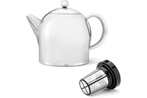 Bredemeijer Teekanne Set 1.4 Liter - Edelstahl glänzend doppelwandig - Großer Teebereiter mit Tee-Filter-Sieb-Aufsatz für losen Tee