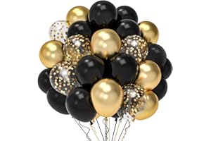 QIFU Ballons Noir Et Or Anniversaire, 52 Pièces 12 poucesBallon Baudruche Noir Doré, Ballon Helium Transparent Avec Confettis Or Pour Deco Garçon Homme Anniversaire, Fête Mariage, Decoration Nouvel An 2026