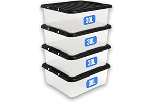KAPCO 4 x 30L Under Bed Storage Box with Black Lid | Medium, Stackable, Multipurpose Clear Plastic Storage Boxes for Home & Office | Ideal Underbed Storage Tubs | 50 x 40 x 19cm | 30 Litre