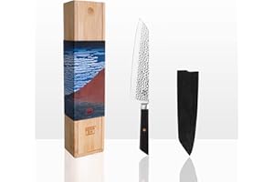 KOTAI | Couteau de Cuisine Type Kiritsuke | Couteau de Chef | Lame de 21 cm | Martelé et Aiguisé à la Main | Acier Inoxydable Japonais 440C Ultra-Tranchant | Pleine Soie Cachée