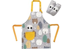 SUNNEKO delantal niño,delantal niña cocina 8 a 12 años delantal y gorro para niños Impermeable Infantil con Bolsillos para Niños Niñas Ajustable de Artista Chef Cocina Hornear Pintura Artesanía