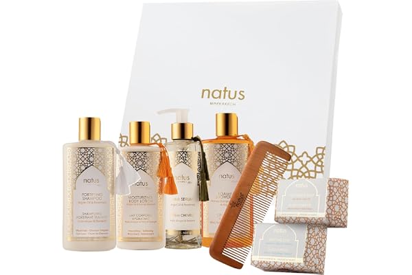 Coffret Beauté pour Femme à l'Huile d'Argan - Shampooing, Gel douche, Sérum capillaire, Lotion pour le corps, Savon hydratant, Savon purifiant et Peigne en bois - Tous types de Peau/Cheveux - Végan