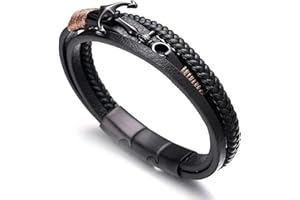 HALUKAKAH Enfant ● Voile Junior ● Garçons Cuir Véritable Tresse à la Main Ancre Bracelet 13-16 Ans. Titane Mat Fermoir Magnétique Argent Taille Réglable 18-19.5cm avec Le Boîte-Cadeau