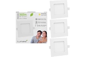 ‎LUMARE Lumare LED Einbaustrahler 6W | 360lm | Extra flach, 26mm Einbautiefe | Ø100mm Bohrlochdurchmesser | Spot Wohnzimmer, Badezimmer | Leuchte Weiß Quadratisch | 230V | IP44 | Warmweiß 3000K | 3er Set