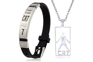 YNKKVRE CR7 Football Star Bracelet Pendant Necklace Set, Adjustable Stainless Steel Necklace Silicone Football Bracelet for Men, Champions League Jewelry Gift for Football Fans