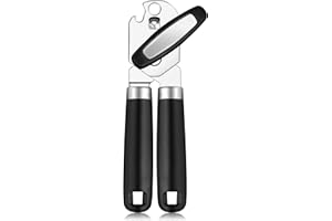 Rainspire Can Opener Manual Handheld Strong Manual Can Opener Smooth Edge Cut, Can Opener Heavy Duty, Comfortable Soft Handle, Built-in Bottle Opener, Black