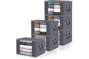 HUIYOUJIU 6-Pack 90L Heavy-Duty Storage Bags with Lids & Zippers - Reinforced Handles, Breathable Thick Fabric - Large Foldable Clothes Organizers for Comforters, Blankets, Bedding & Seasonal Items