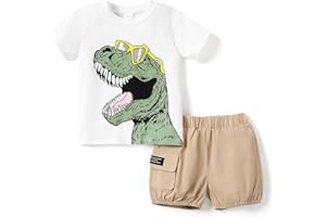 PATPAT Conjunto Verano Niño Ropa Pequeños, Camiseta De Manga Corta Con Estampado De Dinosaurios + Pantalones Cortos Cargo, Conjunto, Vestidos Deportivos Diarios Verano 1,5 Años A 6 Años