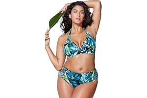 chuangminghangqi Bikini, maillot de bain 2 pièces, à taille haute, rembourré pour femme, impression broderie, grandes tailles, mer, piscine