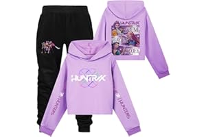 AYOrpeg Huntr/x Hoodie 2-teiliges Set für Mädchen Teenager Kurz Geschnittener Kapuzen Pullover Lange Hose Streetwear K-K-Pop Huntr/x Hoodie+Jogginghose Streetwear Outfit für K-K-Pop Fans
