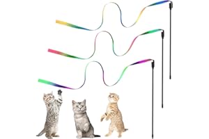 KHYYQUA 3 varitas de Cinta arcoíris para Entrenamiento,Varita Interactiva para Gatos, Juguete de arcoíris con Varita de Gato, para Gatos pequeños Varita con Cinta para Entrenamiento de Gatos(30 cm)