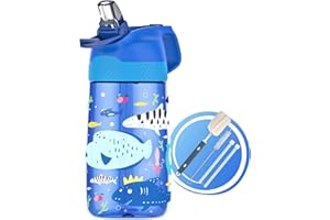Fjbottle Kids Water Bottle with Straw, BPA Free Leak Proof 450ml Drinking Bottle, Eco Friendly Tritan Sports Water Bottle for Kids, One Click Flip Lid