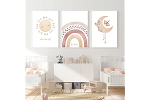 Sarah Duke Poster Kinderzimmer Boho, 3er Set Sonne Regenbogen Mond Babyzimmer Deko Bilder, Warm Wanddeko Kinderposter, Ohne Rahmen Wandbilder Leinwand (40 x 50 cm)