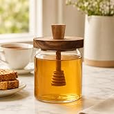Cam Bal Kavanozu 550 ml, Akasya Kapaklı ve Ahşap Bal Kaşıklı Şeffaf Bal Saklama Kabı, Mutfak Kahvaltılık Kavanoz, Re&ccedil;el Pekme